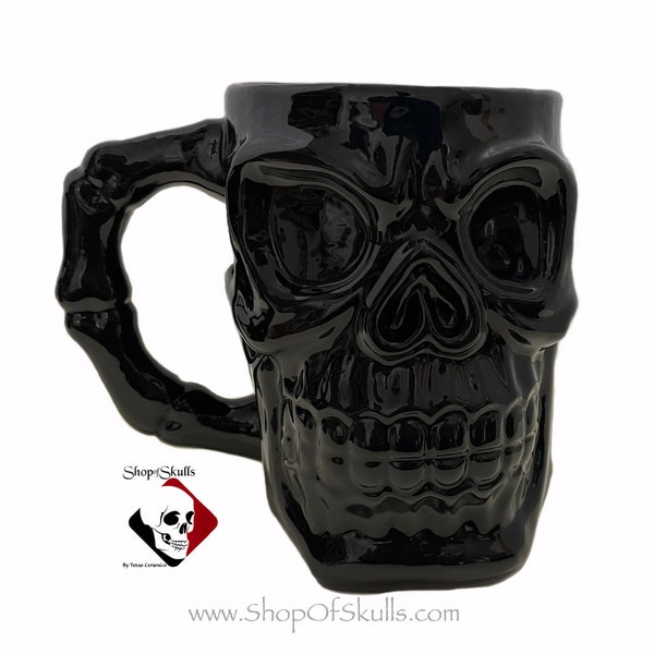 Skull Mug Black with Bone Handle, Large Black Skull Stein for Your Favorite Brew, Giant Skull Tankard with Bone Handle in Black