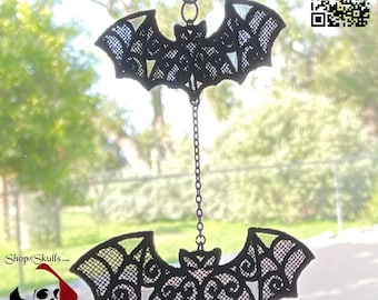 Black Lace Bat Car Charm: Halloween Rear View Mirror Hanger
