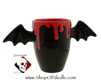 Black Bat Wing Mug: Red Drip Ceramic Coffee Cup, Halloween Decor