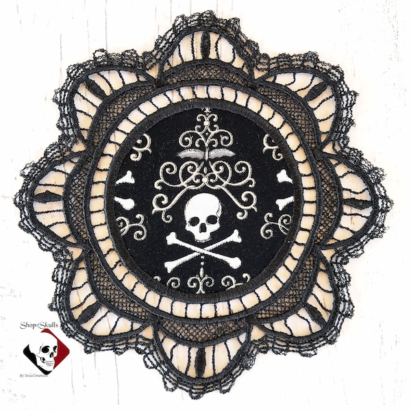 Black Lace Cotton Doily Skull and Cross Bone Inset Design, Black Lace Mug Coaster Haunted House Creepy Halloween Decor by TexasCeramics