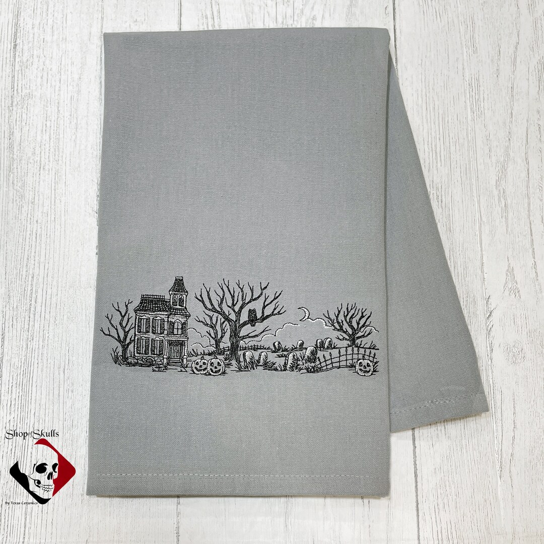 Graveyard Haunted House Scene Embroidered on a Gray Cotton Etsy