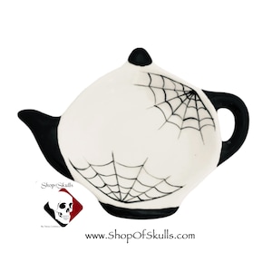 Teapot Tea Bag Holder with Cobweb Design: Witchy Halloween Decor by Texas Ceramics