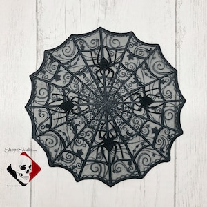 Spiderweb Lace Doily, Intricate Organza Web Lace in Charcoal Gray and Black for Tables, Dressers for Your Favorite Haunt, Made in USA