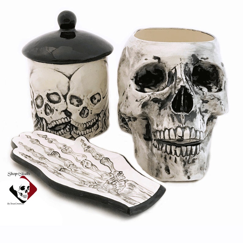 Skull Kitchen Set 4 Piece, Utensil Holder, Skull Design Sugar Bowl Container and Lid, Skeleton Hand Design Spoon Rest and Skull Dish Towel 