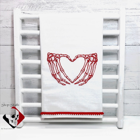 Skeleton Hands Heart Red Embroidery on White Cotton Kitchen Towel, Does He Love Me, Haunting Horror Decor by Texas Ceramics