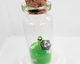 Tiny Slime Monster Pet with Dice in a Glass Bottle - Your Cute but Mighty Fantasy Companion! Gelationous Cube RPG DnD Unique gift Adorable