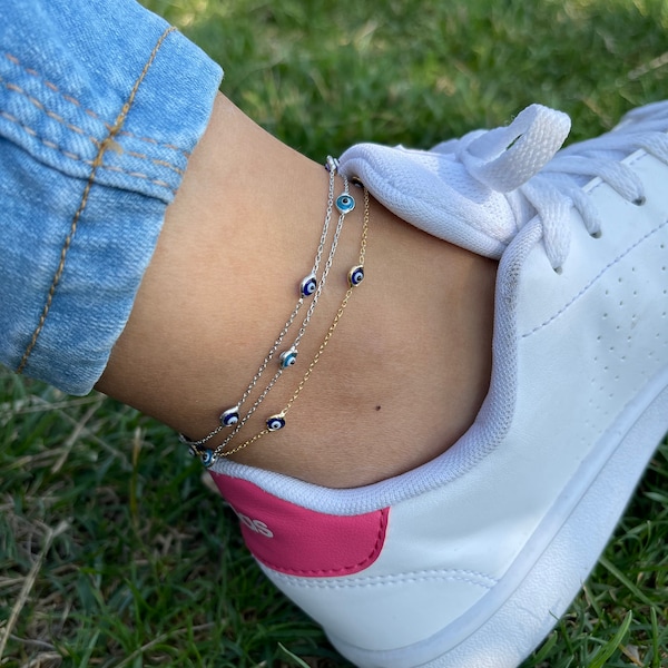 Evileye anklets, sterling silver evil eye , sequin chain anklet, chain anklet, navy blue anklet, gypsy Jewelrys,  gypsy anklet, 925 silver