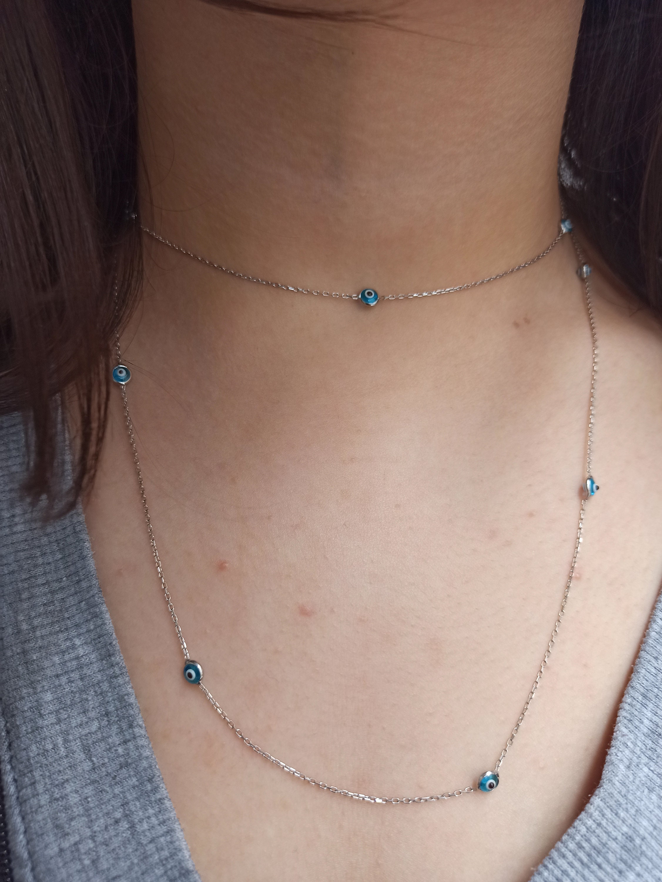 Chain Evil Eye Necklace, Sterling Silver Evil Eye, Fluffy Evil Eye ...