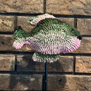 Fish Green to Pink Rug Hooked Wool on a Pedestal Primitive Shelf Decoration Farmhouse Gift for Him Fisherman Nautical Housewarming Cabin