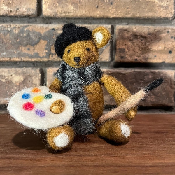 Teddy Bear Miniature Artist Beret Palette Paint Brush Gray Wool Scarf Shelf Sitter Brown Homespun Wool Needle Felted Gift for Collector Him