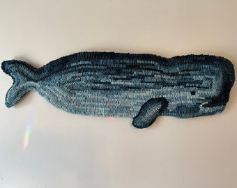 Whale Wall Hanging Handmade Rug Hooked 100% Hand Dyed Blue Wool Original Nautical Gift for Her Gift for Him