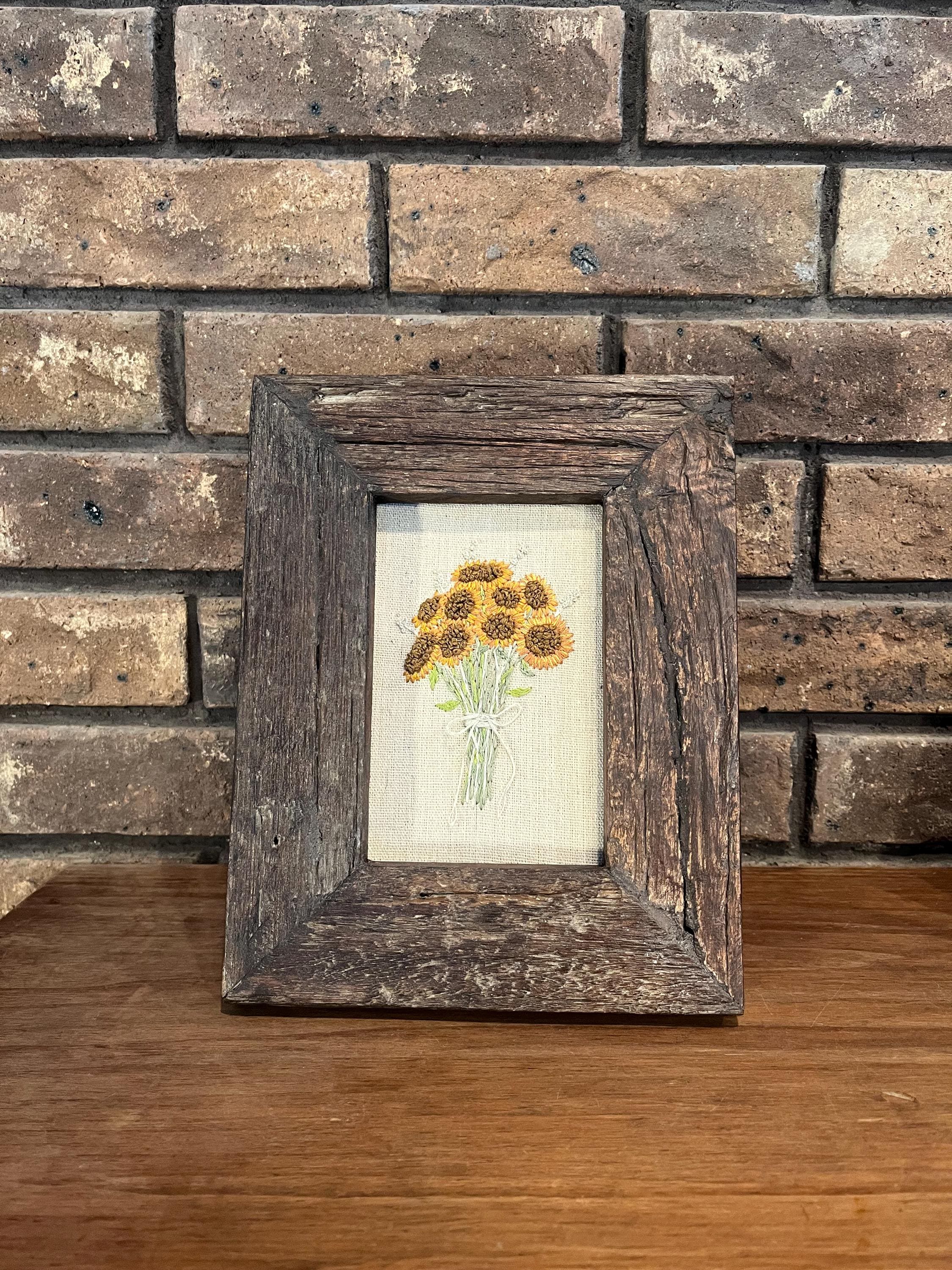 Hand Embroidered Sunflowers in a Rustic Thick Wood Frame: Housewarming Gift Primitive Nature Lover Gardener Mother