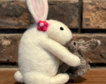 Wool Bunny Holding a Baby Bunny Handmade Wool Needle Felted Gift for Her Gift for New Mother Unique One-of-a-Kind Gift for Mother