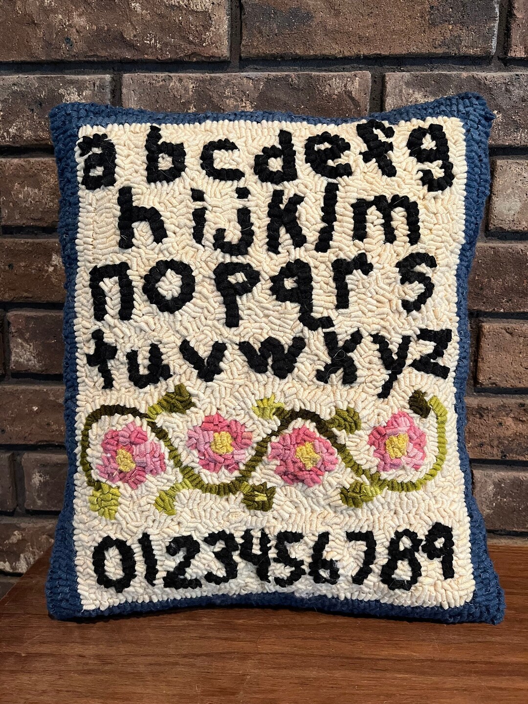 Pillow Alphabet Sampler With Pink Flowers Rug Hooking 100% Wool ...