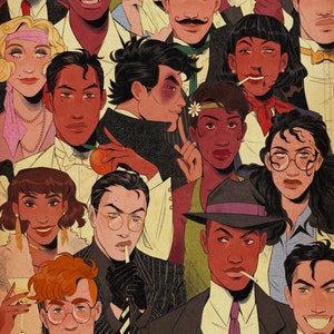 May include: A group of people in formal attire, some wearing hats and glasses, with a variety of facial expressions. The image is in a vintage style with muted colors and a focus on the characters' faces.