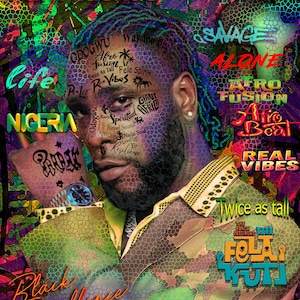 May include: Digital art portrait of Burna Boy with text overlays including "Burna Boy", "Iron Man", "Afro Fusion", and "Black Excellence". The image features a mosaic-like pattern and vibrant colors.