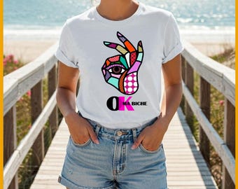 Original “OK MA BICHE” T-shirt, a fun and colorful pop-art design to assert your style with humor. Trendy gift idea.