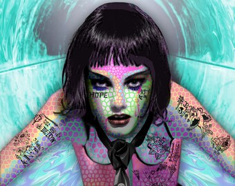 May include: A woman with short black hair and colorful makeup. She is wearing a black tie and has tattoos on her arms and chest. The tattoos include words like "Hope", "Amor", and "What if you could see your own rebirth". The background is a swirling blue and green.
