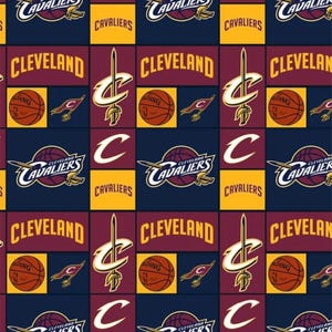 May include: A repeating pattern featuring the Cleveland Cavaliers logo, basketballs, and team name. The design includes the team's colors: wine, gold, and navy blue. The pattern is composed of squares with various team-related graphics.