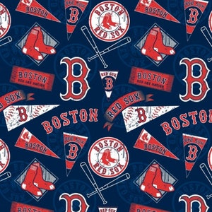 May include: A navy blue pattern featuring various Boston Red Sox baseball team graphics. The design includes the team's logo, the letter "B", baseball bats, pennants, and the words "Boston" and "Red Sox" in red and white.