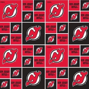 May include: A repeating pattern featuring the New Jersey Devils logo and team name. The design alternates between red and black squares, with the logo and text in white. The logo is a stylized "NJ" with a hockey puck.