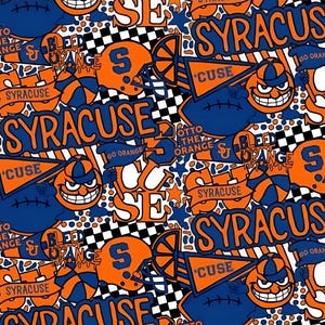 May include: A white background with a repeating pattern of orange and blue graphic elements. The pattern includes the words "Syracuse", "Cuse", "Go Orange", "Bleed Orange", and "Otto the Orange". There are also images of basketballs, stars, and a cartoon mascot.