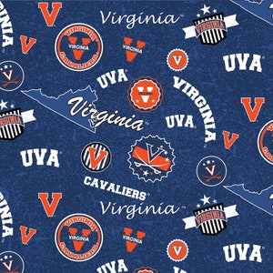 May include: A blue and orange patterned fabric with the words "Virginia" and "UVA" repeated throughout. The fabric also features a stylized image of the state of Virginia and a variety of logos with the letter "V" and the words "Cavaliers" and "Virginia".