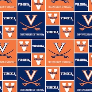 May include: A repeating pattern of the University of Virginia logo. The logo is a white "V" with two crossed swords, set against an orange background. The words "VIRGINIA" and "THE UNIVERSITY OF VIRGINIA" are repeated in white text on a blue background.