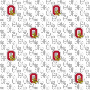 May include: A repeating pattern of the word "Ohio" in gray script, overlaid with red and white "O" logos, each adorned with a small floral accent. The design is set against a white background.