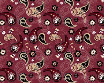 Puede incluir: Patrón repetitivo con formas de cachemira en granate, negro y dorado. El diseño incluye el logotipo de los Florida State Seminoles y detalles florales sobre un fondo granate. Adecuado para tela o papel pintado.