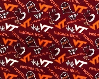 May include: A maroon fabric with a repeating pattern of orange and white "VT" logos, the words "Virginia Tech" and "Hokies", and a cartoon turkey mascot.