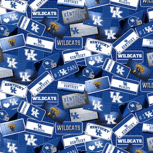 May include: A repeating pattern of blue and white license plates and signs with the text "Kentucky Wildcats" and "Kentucky". The design includes the UK logo, football helmets, and the words "#1 Fan".