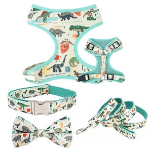 Personalized Dog Harness Set, Dinosaur Dog Collar & Leash, No Pull Harness Vest, Dog Collar Bowtie, Dinosaur Puppy Harness, Collar For Dogs