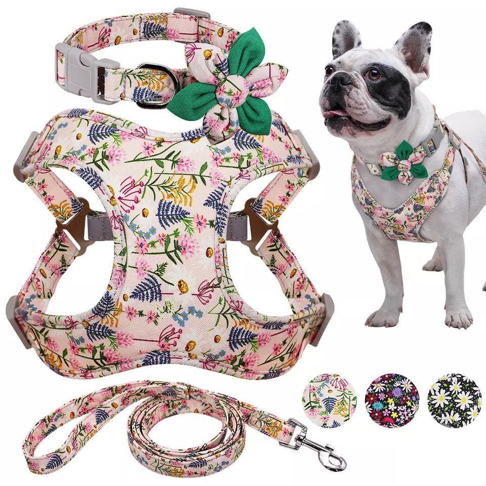 Dog Harness Collar Leash Set Summer Dog Harness Bow Floral Etsy