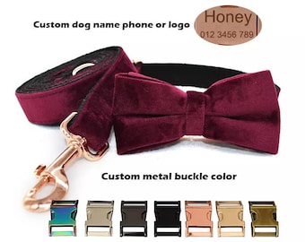 Personalized Dog Collar, Velvet wine Dog Collar, Wedding Dog Collar, Dog Bowtie, Boy Dog Collar and leash, Handmade Dog Collar Set