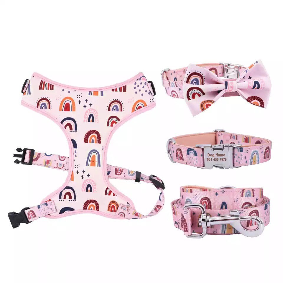 Personalized Dog Harness Leash Girl Dog Collar Pink No Pull Etsy