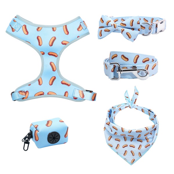 Personalized Dog Harness Set, Dog Collar & Leash Bandana, No Pull Harness Vest, Boy Dog Collar Bowtie, Hotdog Puppy Collar Harness Leash Set