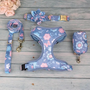Personalized Dog Collar Tagid, Dog Collar & Leash, No Pull Harness Vest, Floral Puppy Flower With Metal Buckle, Adjustable Dog Harness