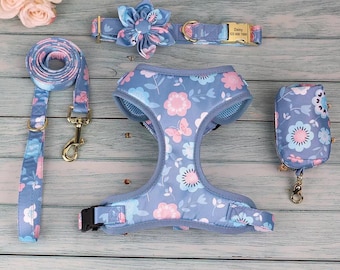 Personalized Dog Collar Tagid, Dog Collar & Leash, No Pull Harness Vest, Floral Puppy Flower With Metal Buckle, Adjustable Dog Harness