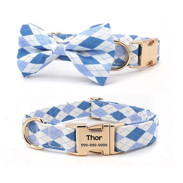 Personalized Dog Collar Customized, Dog Collar Bowtie & Leash, Engraved Puppy Collar, Boy Dog Collar with Bowtie, Plaid Dog Collar On Sale