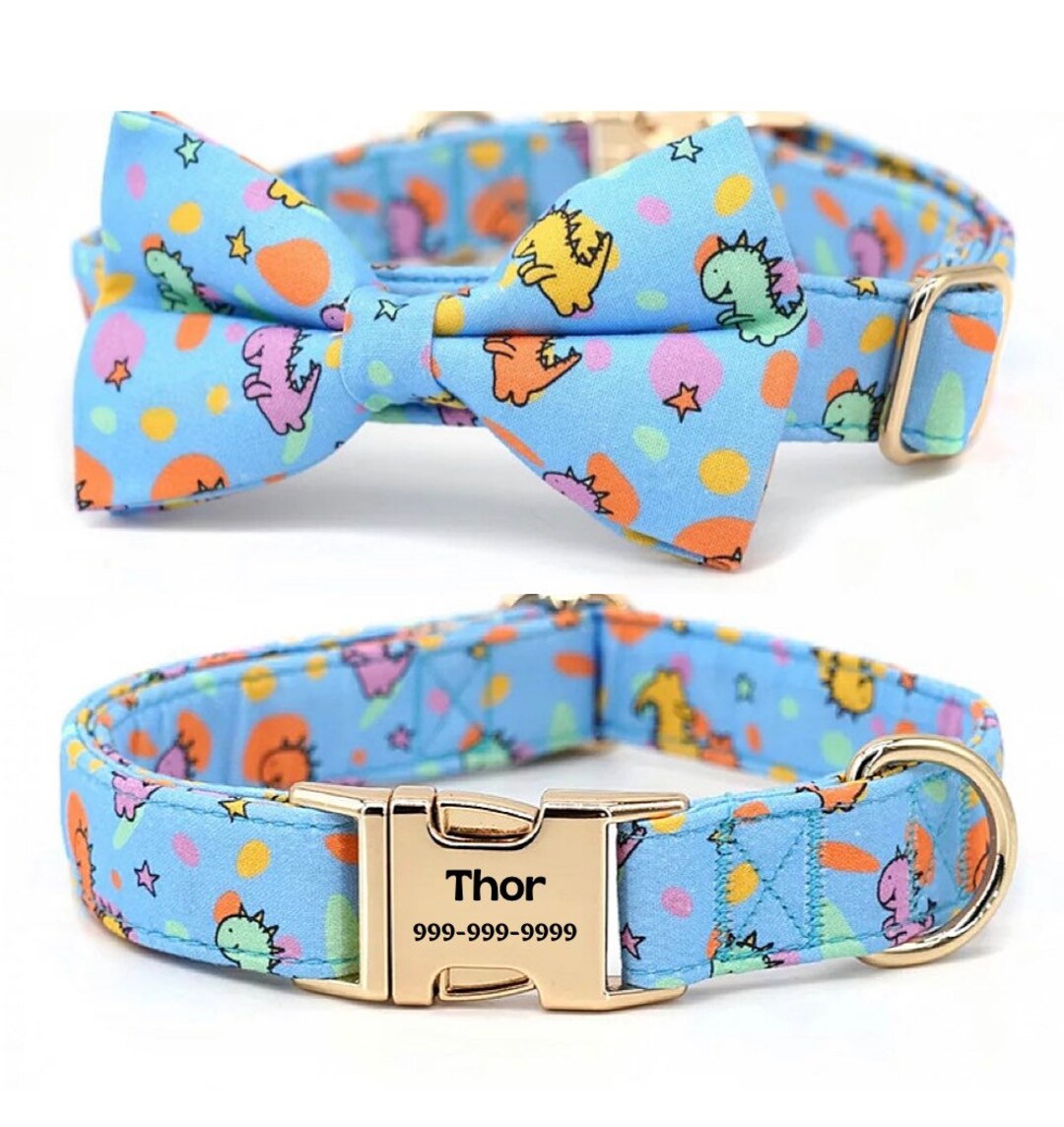 Personalized Dog Collar, Boy Dog Bowtie Leash Set, Male Puppy Collar, Dinosaur Dog Collar