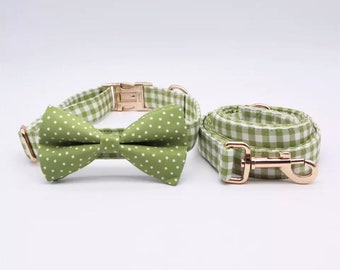 Hundehalsband Fliege personalisiert, Designer Hundehalsband, Hundehalsband und Leine, Kariertes Hundehalsband Fliege, Stoff Welpe Halsband verstellbar xs