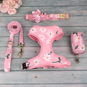 Personalized Dog Collar Tagid, Dog Collar & Leash, No Pull Harness Vest, Floral Puppy Flower With Metal Buckle, Adjustable Dog Harness