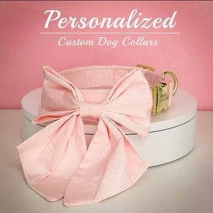 Personalized Dog Collar Engraved Name, Pink Dog Collar Tagid, Puppy Collar Girl Bow, Female Blush Pink Bow, Wedding Dog Collar Sailor Bow