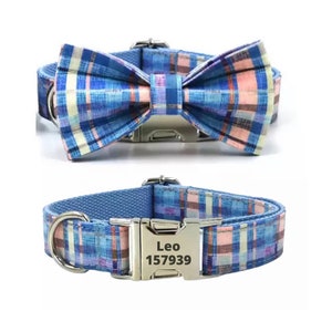 Personalize Dog Collar Name, Blue Pet Collar, Boy Dog Collar Adjustable, XL Dog Collar and Leash, XS Dog Collar Bowtie Boy, Boy Puppy Collar