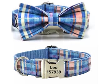 Personalize Dog Collar Name, Blue Pet Collar, Boy Dog Collar Adjustable, XL Dog Collar and Leash, XS Dog Collar Bowtie Boy, Boy Puppy Collar