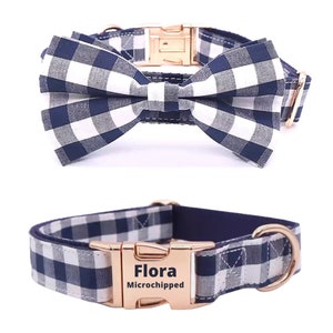 Personalized dog collar bowtie, desiner pet collar, boy dog collar and leash , plaid dog collar bow tie, fabric puppy collar adjustable xs