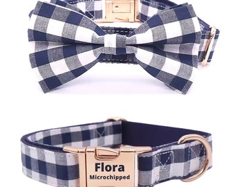 Personalized dog collar bowtie, desiner pet collar, boy dog collar and leash , plaid dog collar bow tie, fabric puppy collar adjustable xs