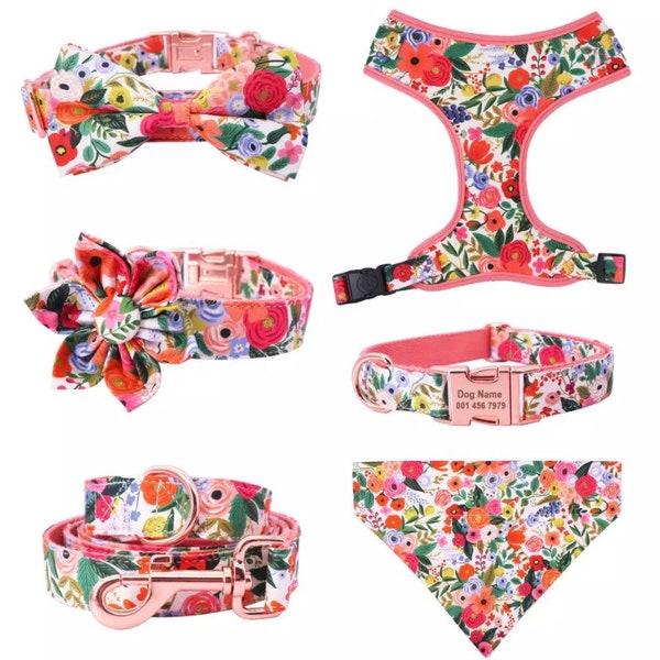 Personalized Dog Harness and Leash Set, Girl Dog Collar Bow, Floral Flower Collar, Female Dog Boho Harness Set, Puppy Harness No Pull