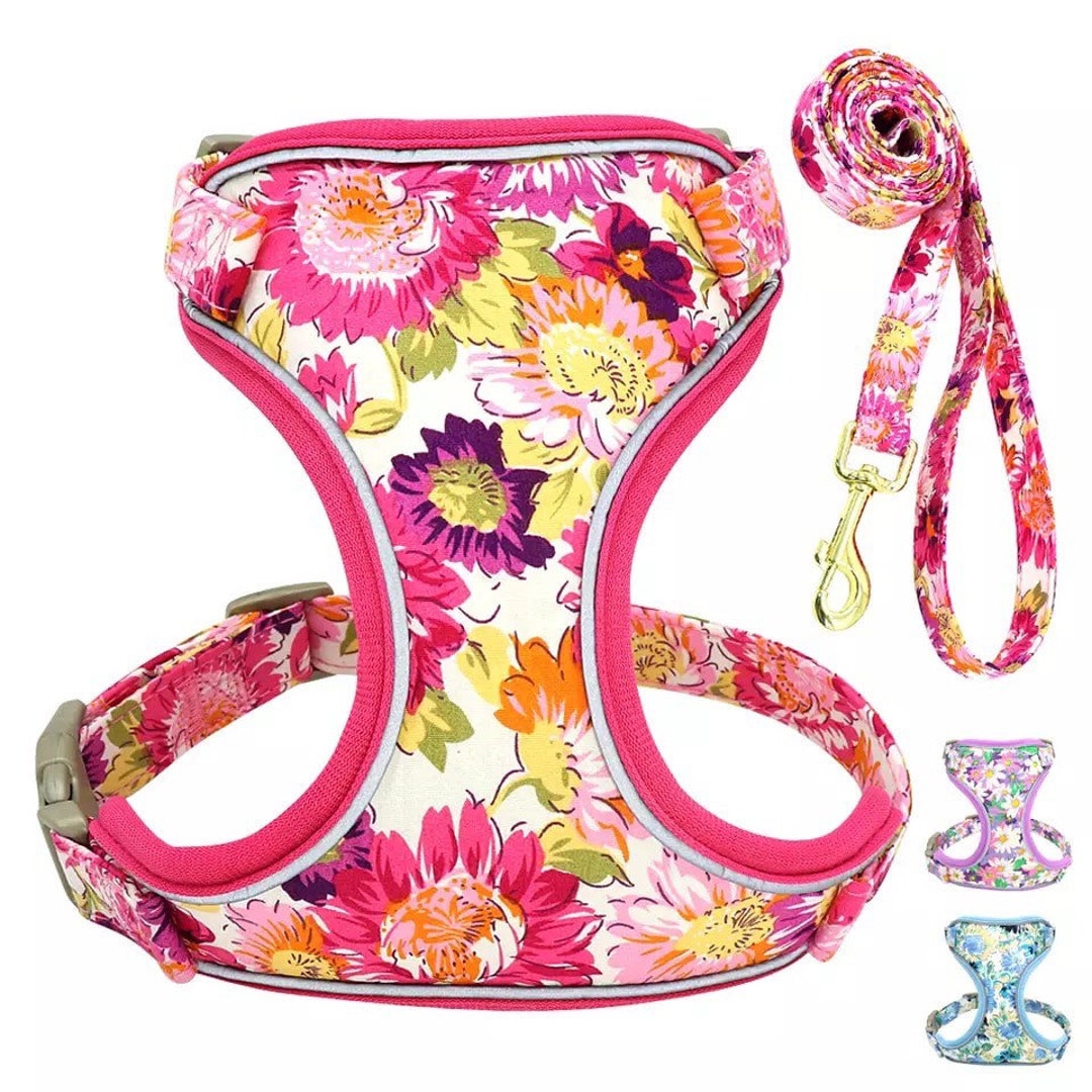 Floral Dog Harness and Leash, Reflective Dog Harness Vest With Leash